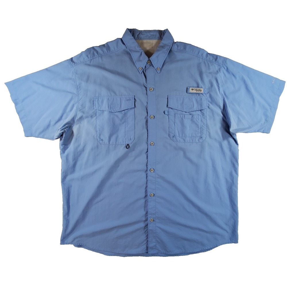 Columbia PFG Fishing Shirt Men XL Blue Short Sleeve Vented Omni-Shade‎